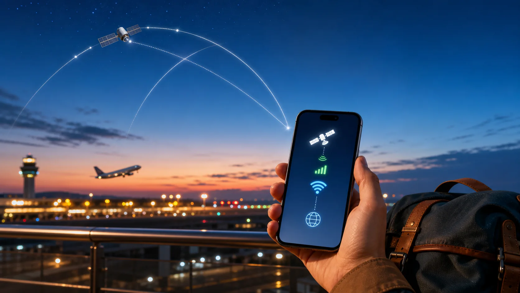 海外旅行中にスマホで衛星通信とeSIMの接続を確認しているイメージ