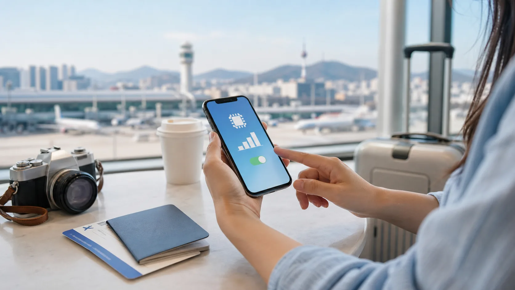 韓国旅行前にスマホでeSIM容量を確認しているイメージ