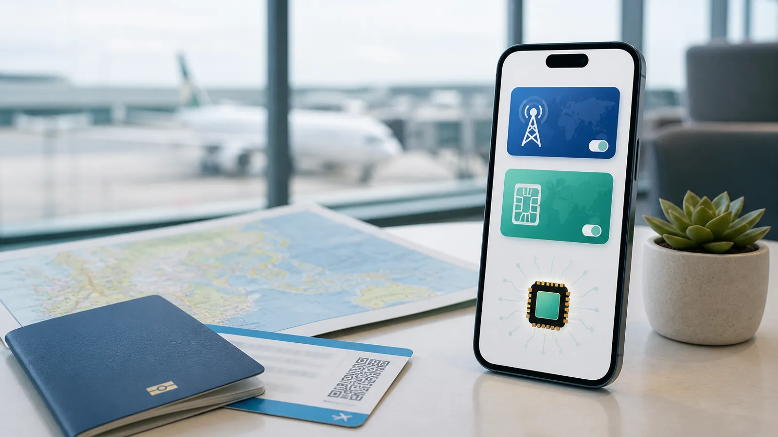 空港ラウンジでスマホに海外ローミングとeSIMの選択肢が表示されているイメージ