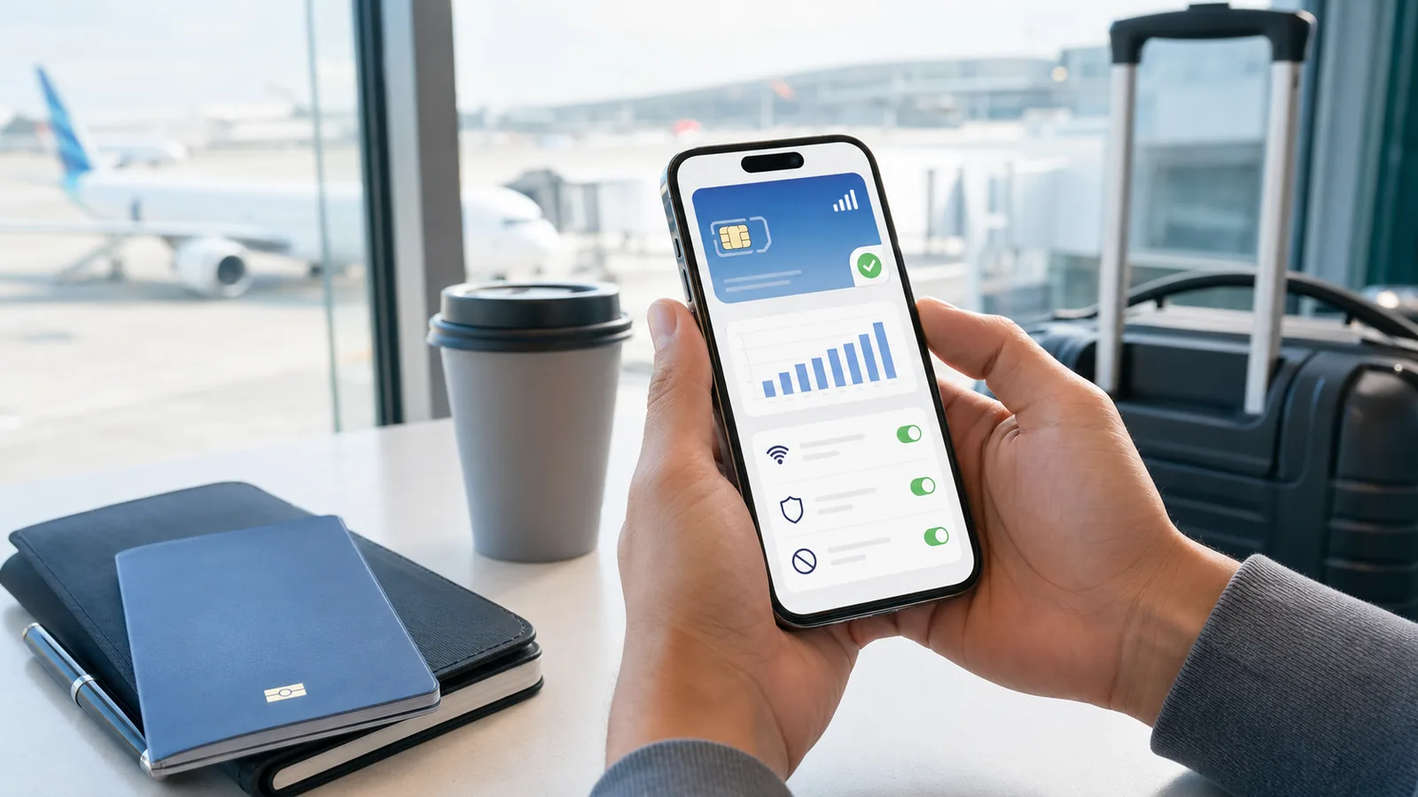 空港で海外eSIMとセキュリティ設定をスマートフォンから確認する旅行者