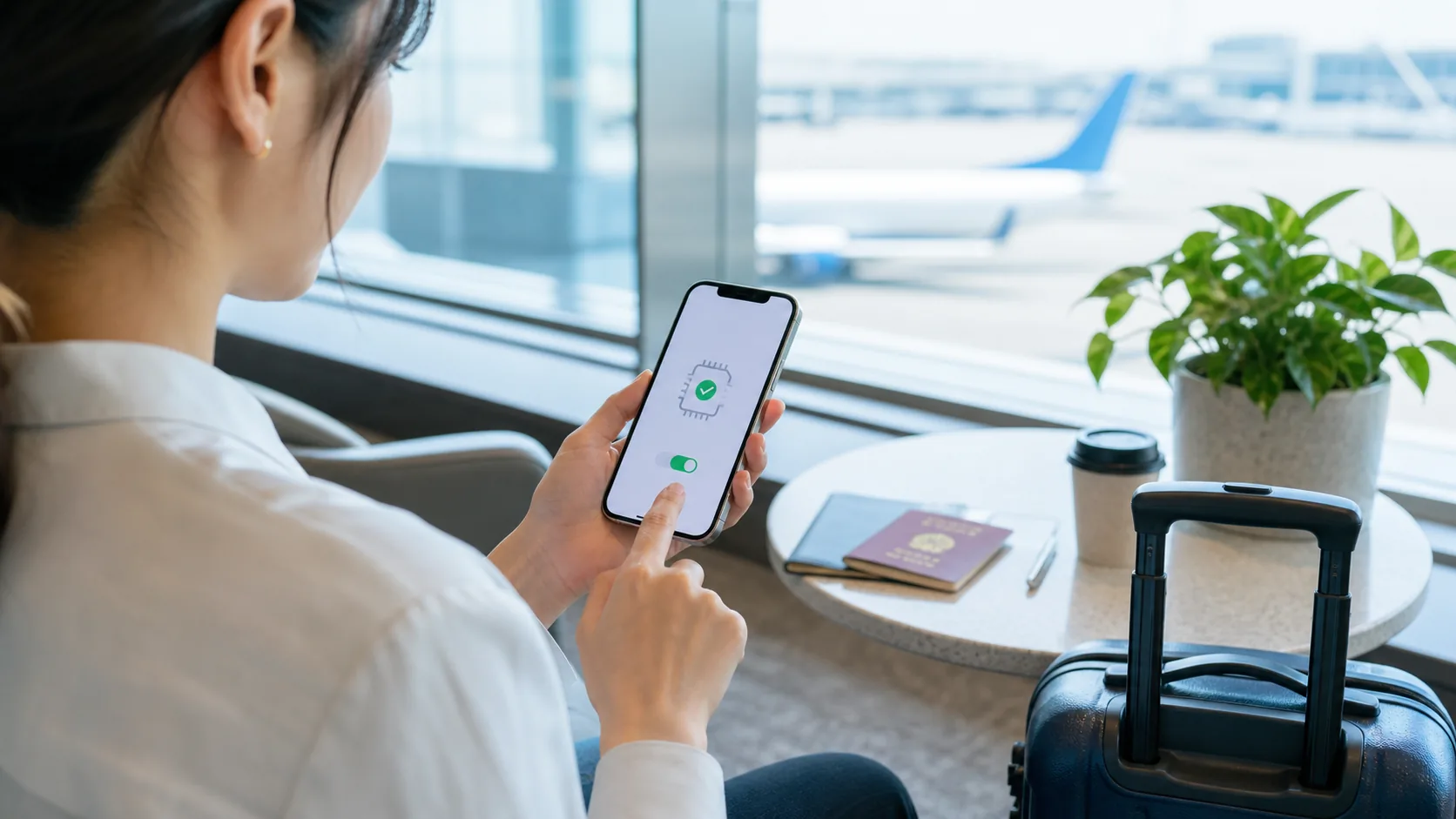 空港ラウンジでスマホに海外eSIMを設定している旅行者のイメージ